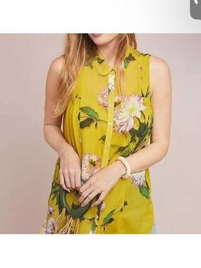 Maeve Anthropologie Duchess Yellow Floral Sleeveless Button-Up Top Sheer Size 10